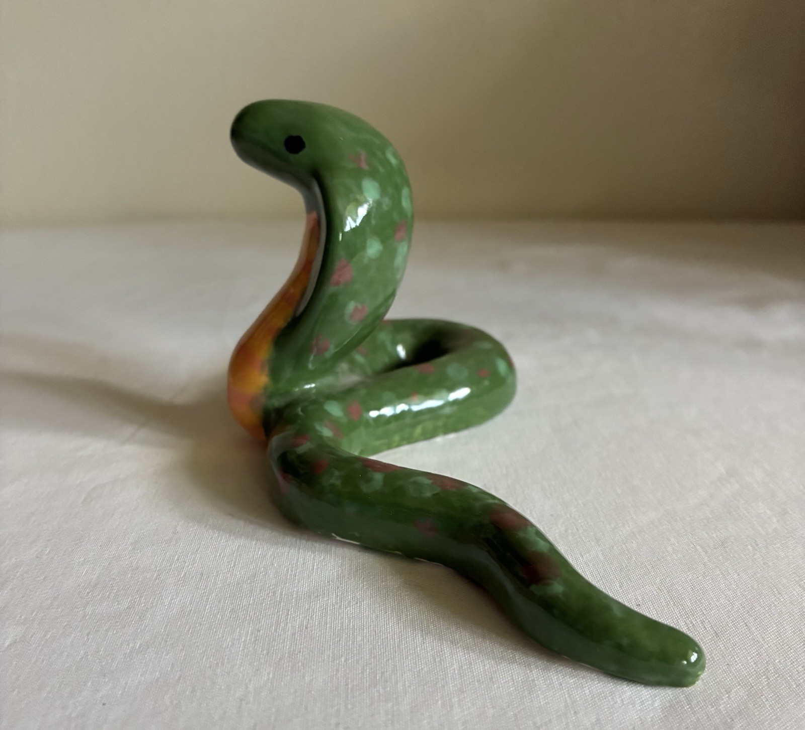 Hand Painted Ceramic Snake Cobra Figurine Green & Yellow Spots Pottery Art Signe