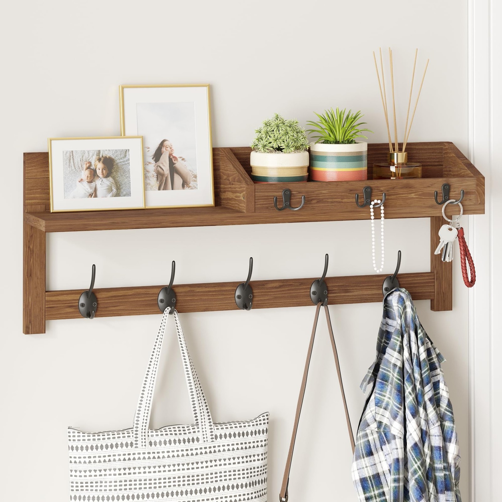 AMBIRD Wall Hooks with Shelf, 26.57 Inch Entryway Wood Coat Hooks for Wall wi…