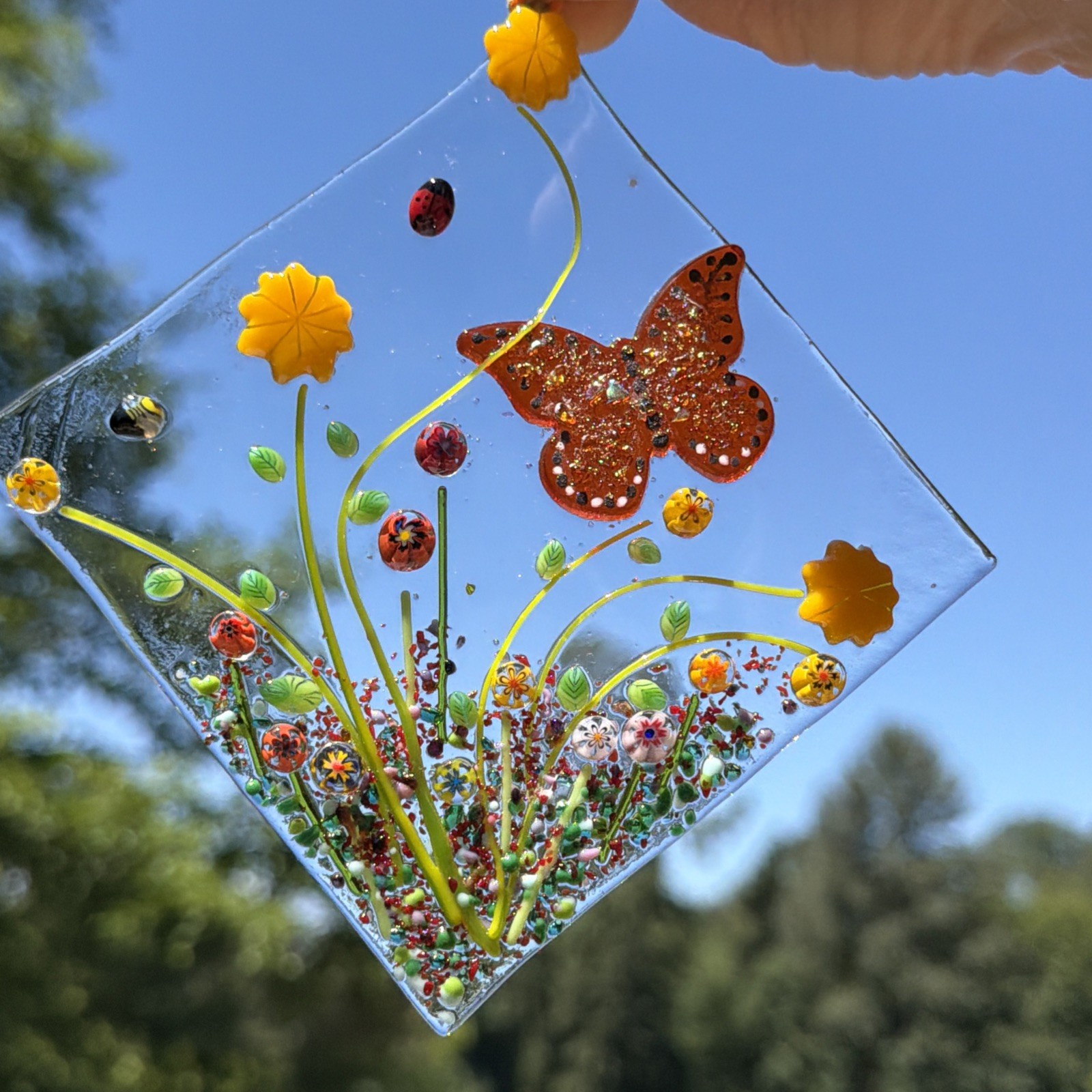 Fused Glass Handmade Diamond Shaped Multicolored Sun Catcher Signed By Artist