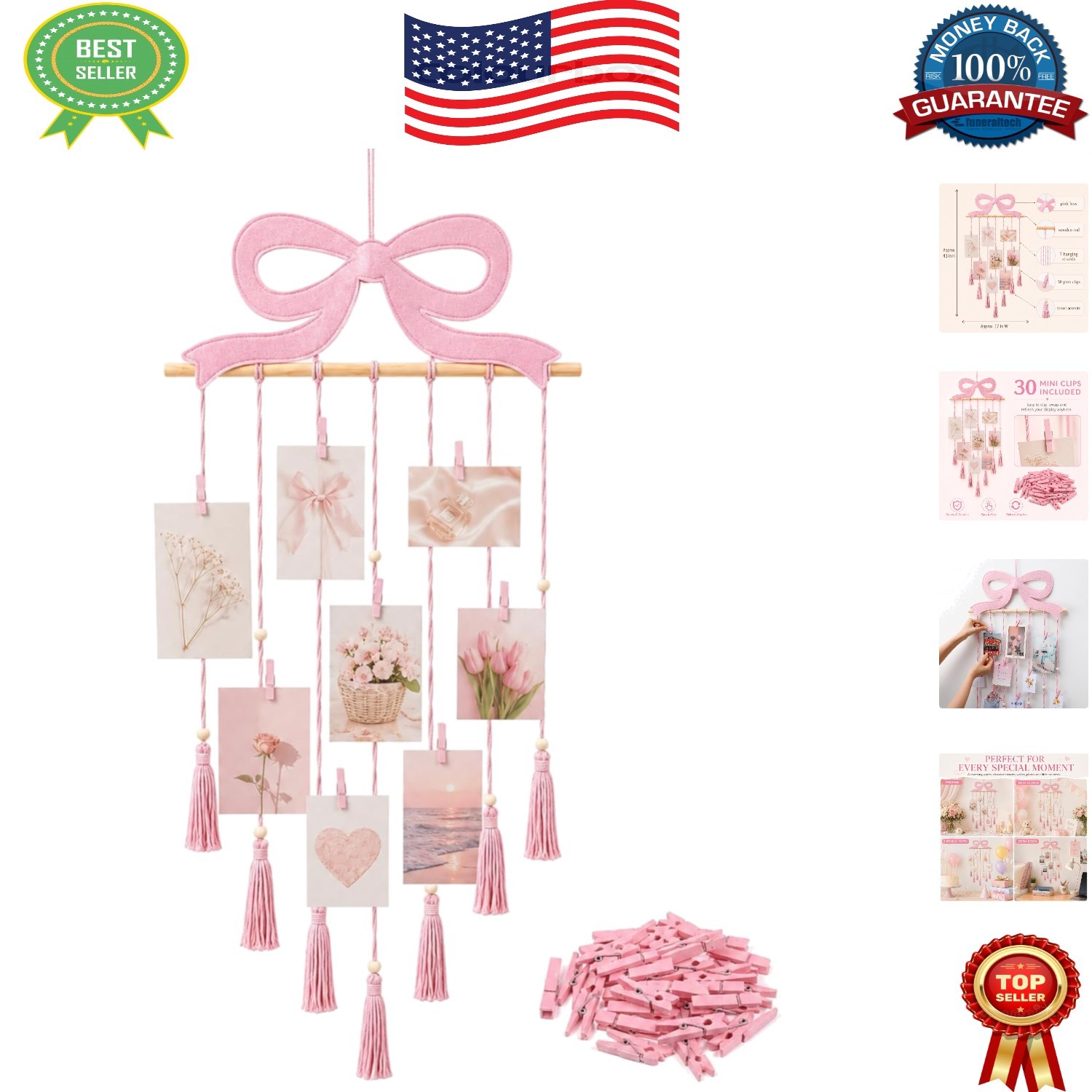 Charming Pink Bow Hanging Photo Display with 30 Clips – Perfect for Teens