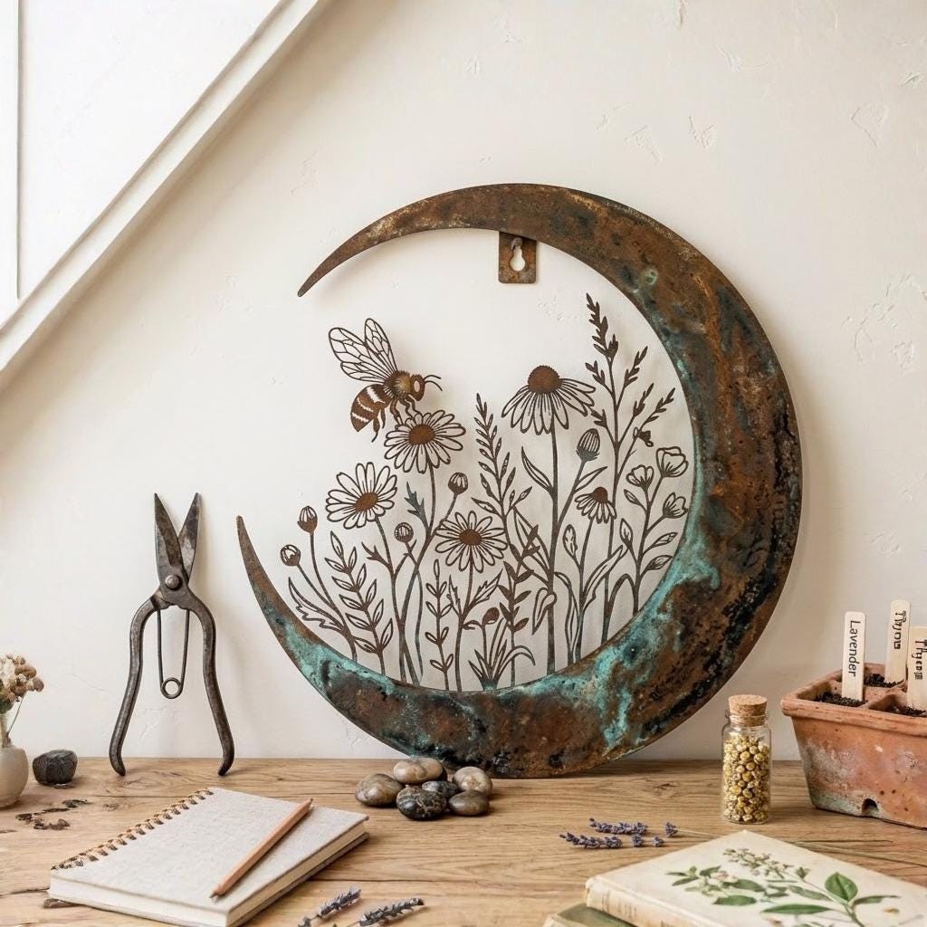 Boho Floral Bee & Crescent Moon Metal Wall Art – Botanical Garden Decor