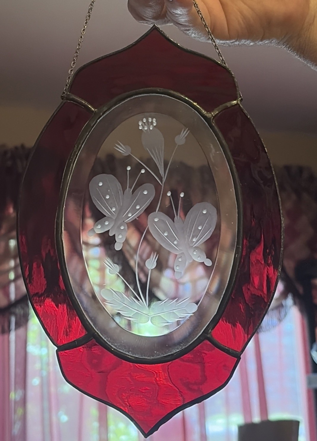 Butterfly Suncatcher Red & Clear Glass Window Hanging, Nice, 9”x5.75”
