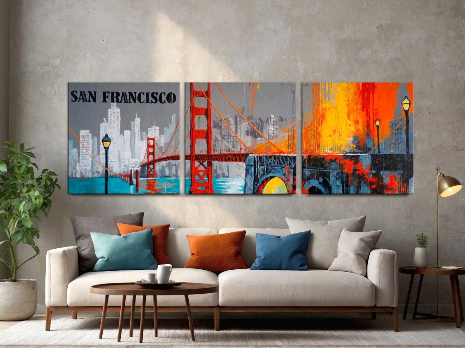 San Francisco Skyline Triptych Canvas Print, Golden Gate Bridge Wall Art Set,