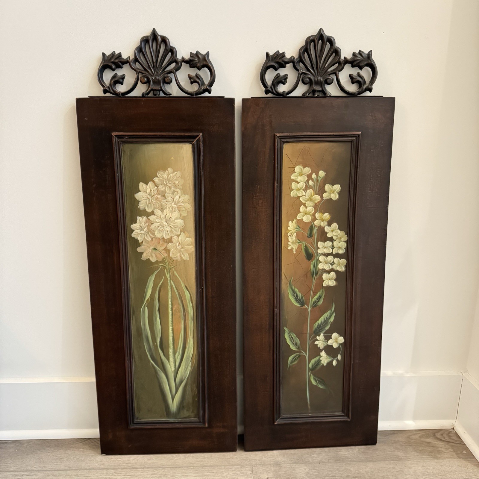 Set of 2 Hand-Painted Floral Wood Wall Panels w/ Metal Crest 35” Tall
