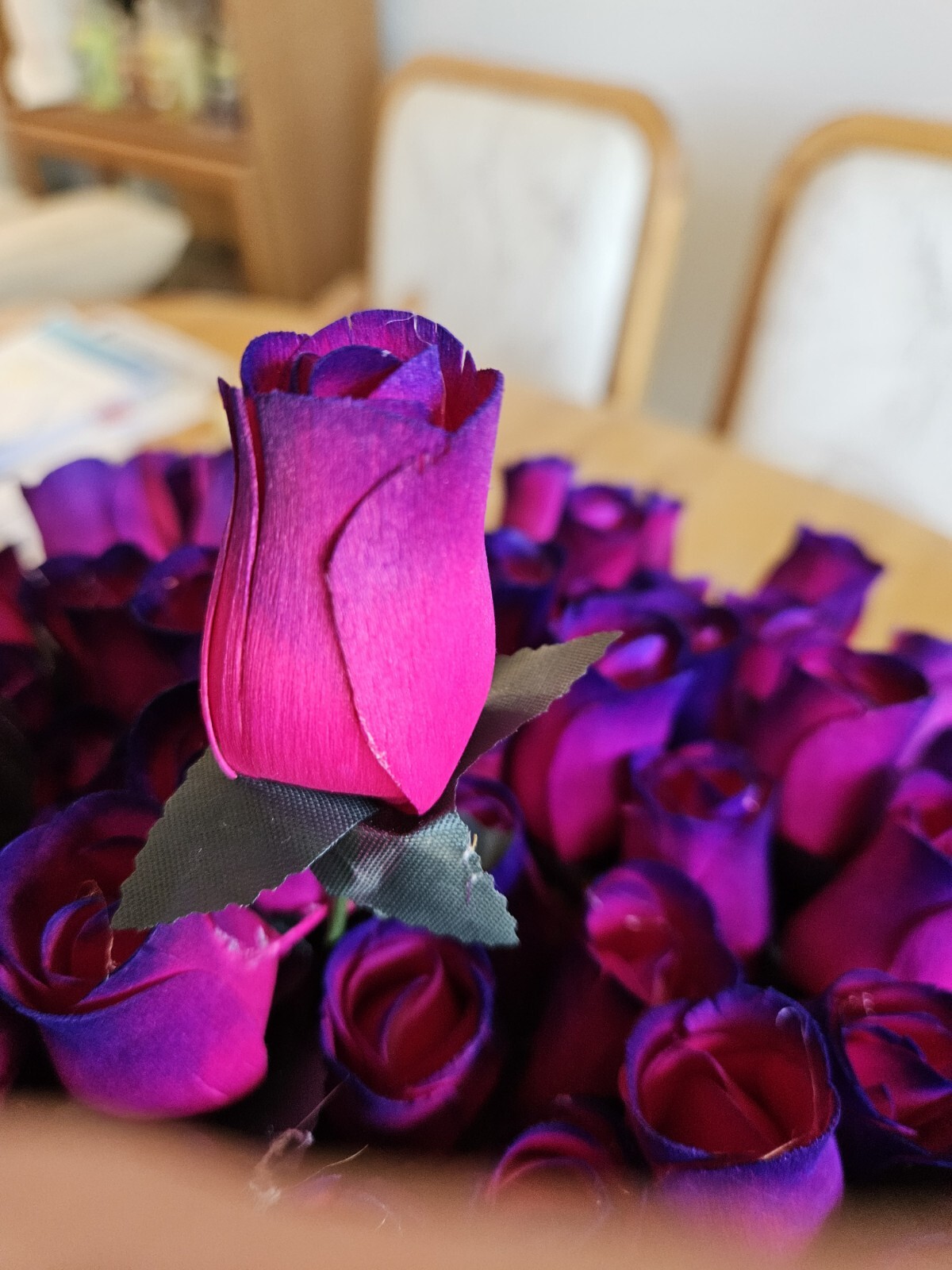3 DOZEN – HOT PINK- PURPLE WOODEN ROSE BUDS 5 X 8 ARTIFICIAL FLOWERS