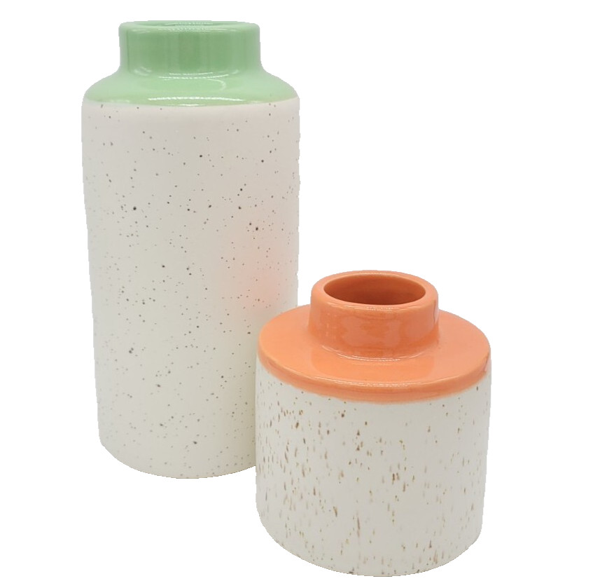 2pc Mint Green & Coral Dipped Speckled Stoneware Vases Modern Cottagecore Pier 1