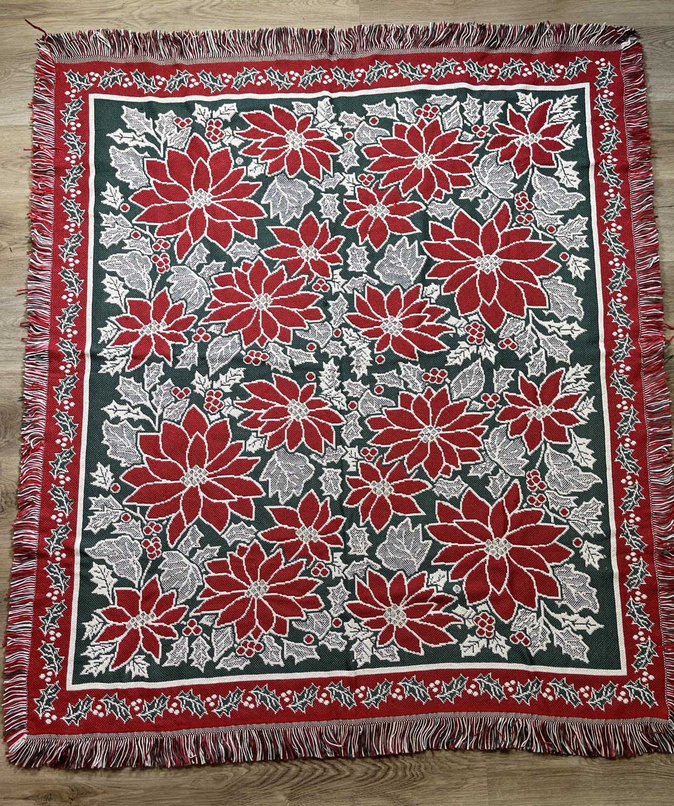 Vintage American Weavers Tapestry Lap Throw Poinsettas 60 x 52 in