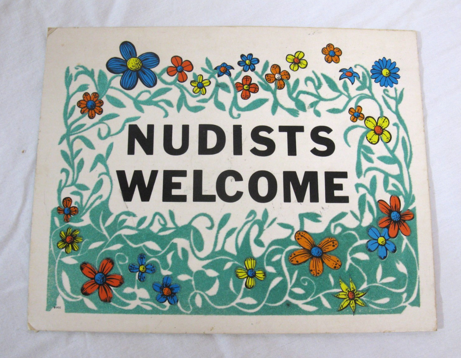 NUDISTS WELCOME Flocked Cardboard Sign by United Card Company 1967