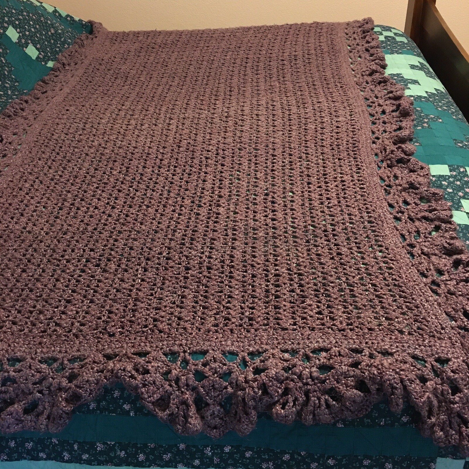 Homemade Afghan in purple 46” by 81” nice throw blanket