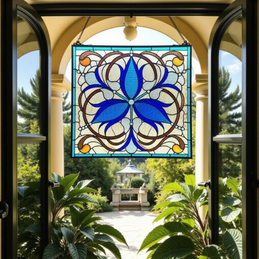 Blue Lilies Stained Glass Windows Panel Suncatcher 16x16in