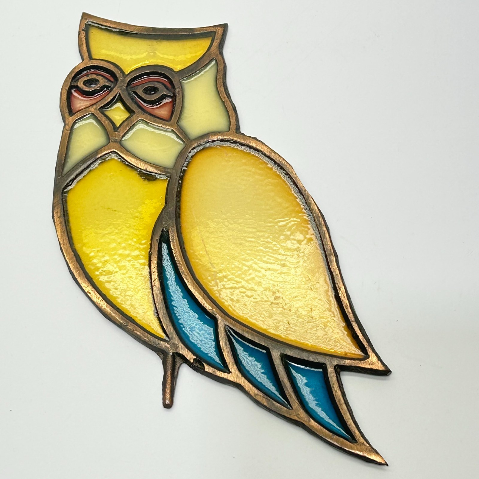 Vintage Owl Shape Sun Catcher Stained Glass Copper Frame Window Light Refractor