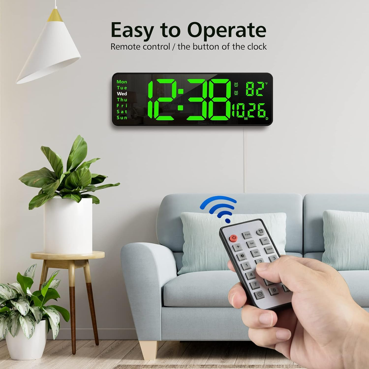 16-In Digital Wall Clock Remote Control Large Display Digital Clock Date