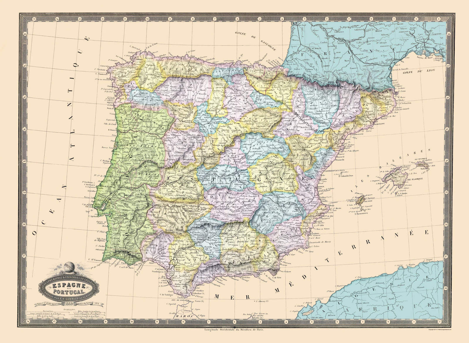 Historic Map – Spain Portugal – Garnier 1862 – Vintage Wall Art