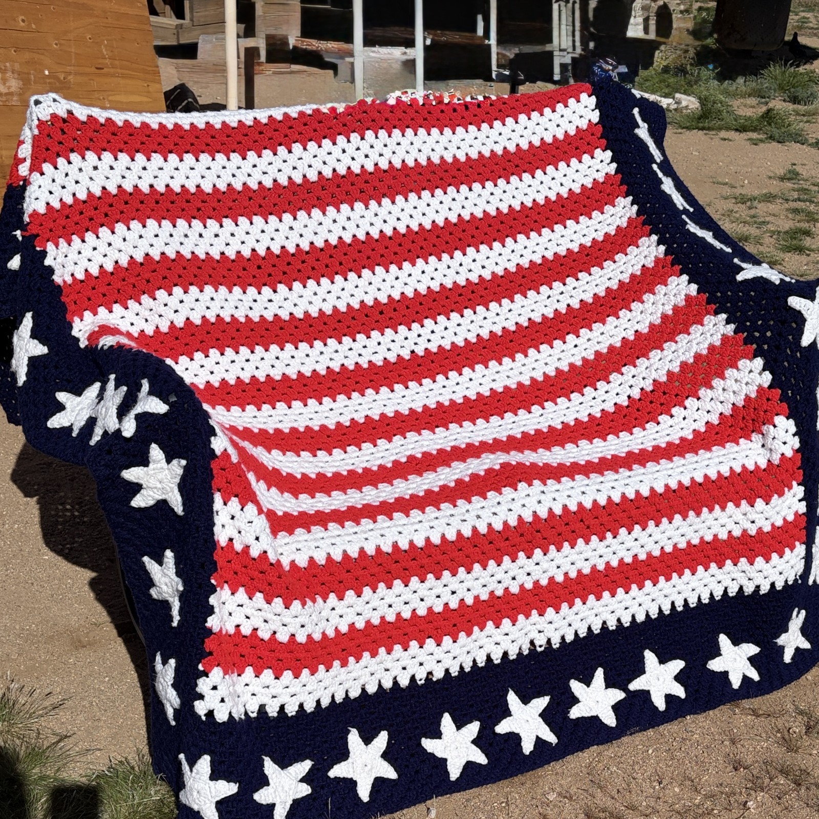 73&Prime; x 80&Prime; USA Afghan Blanket Red White Blue Handmade Crochet Stars American Flag