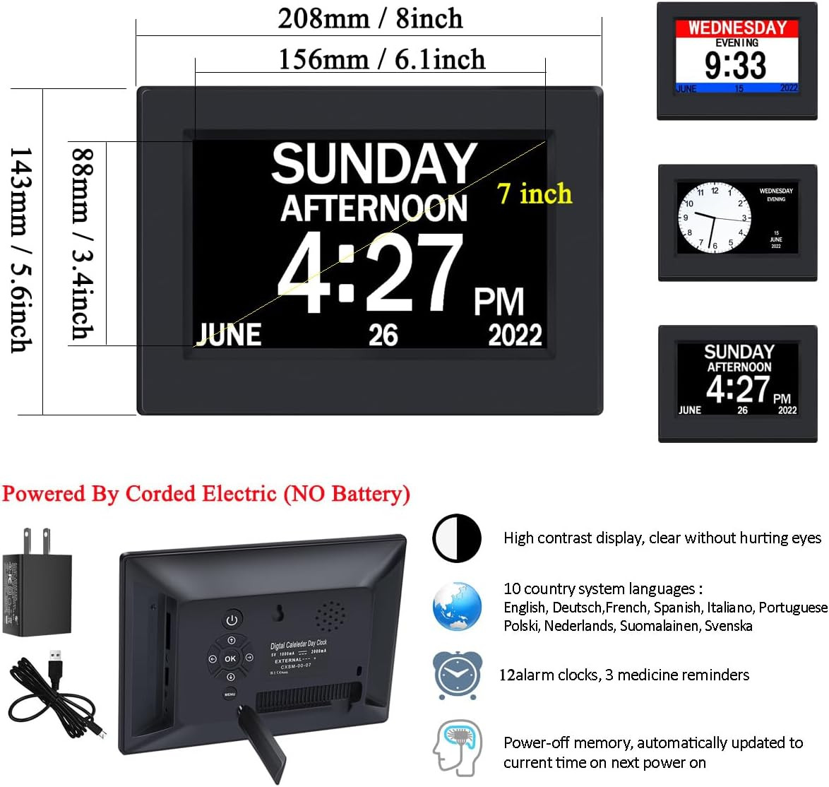 Clock with Day and Date for Elderly-3 Colors Display Digital Calendar Alarm Cloc