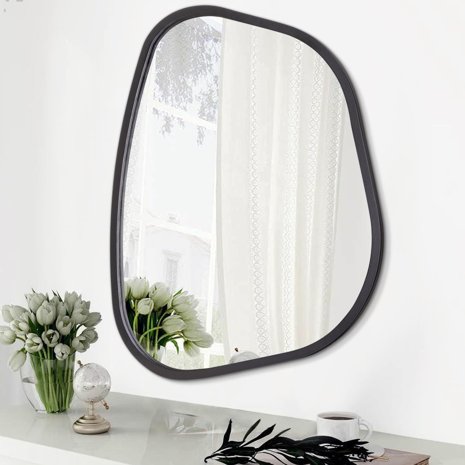 HLFMVWE Black Asymmetrical Mirror Irregular Oval Wall 16&Prime;L x 12&Prime;W,