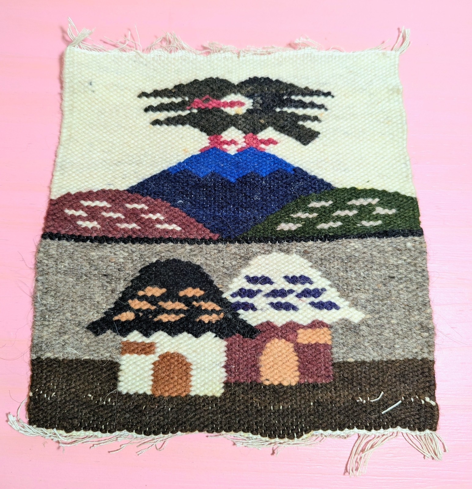 Vintage Peruvian Huts & Eagle Hand Woven Wool Tapestry Wall Hanging 8&Prime;x8.5&Prime;