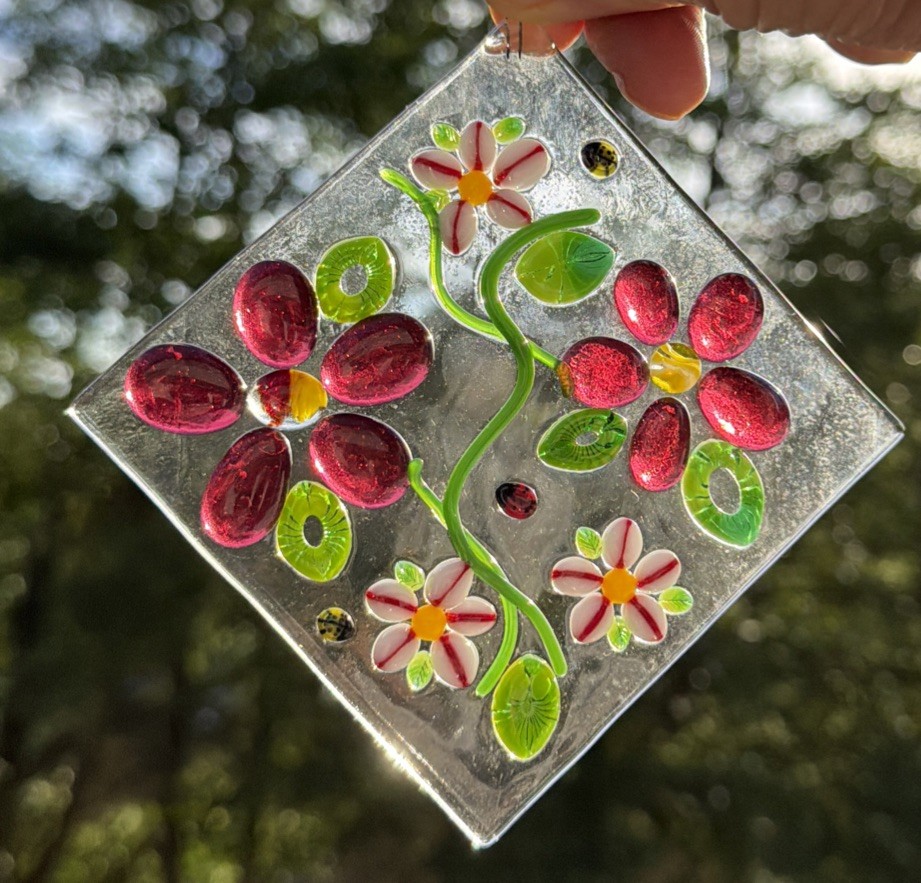 Fused Glass Handmade Diamond Shaped Multicolored Sun Catcher Signed By Artist