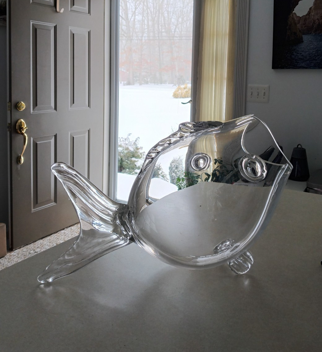 Hand Blown Art Glass Fish Sculpture Clear Studio Glass Figurine 9×16” Vintage