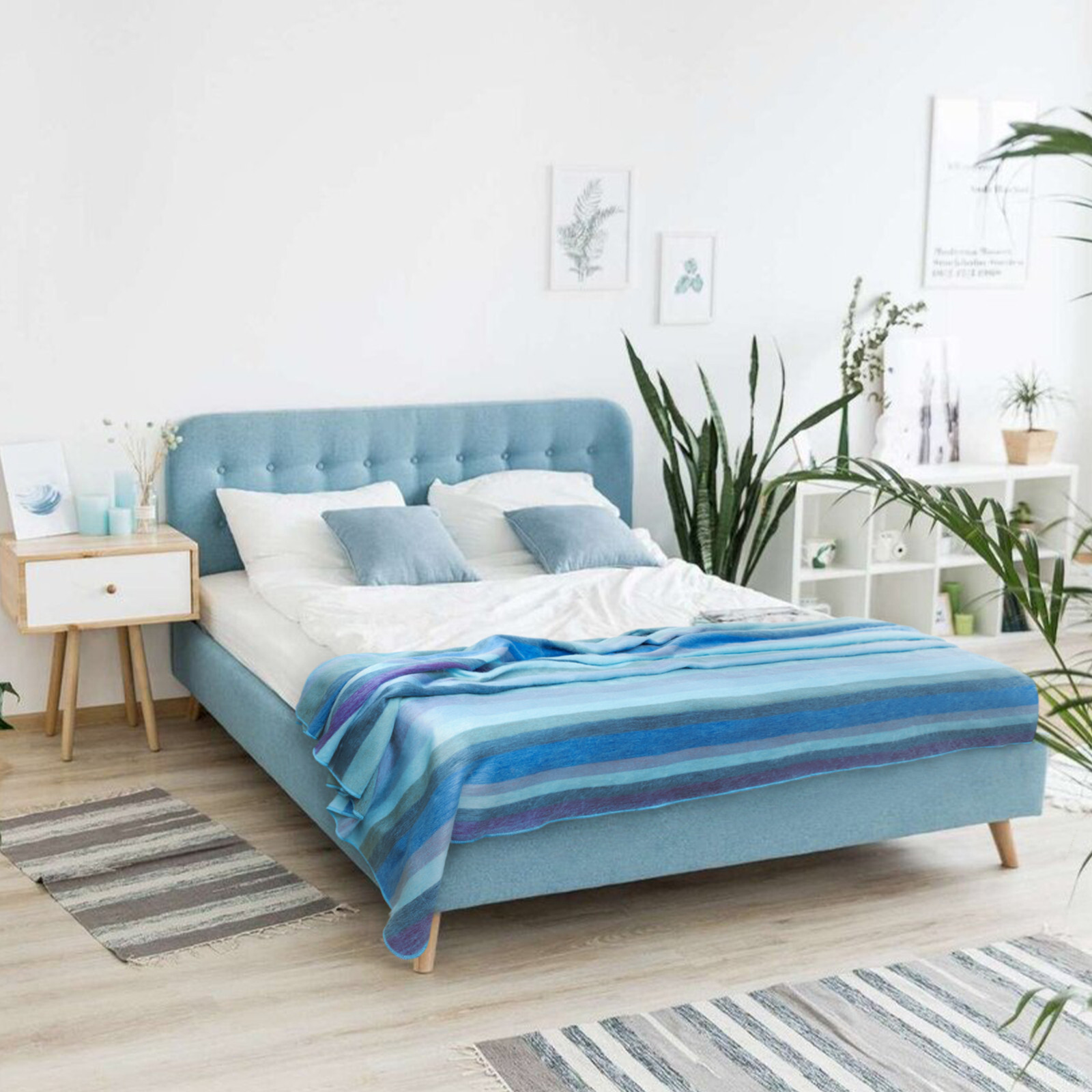 SOFT&WARM STRIPED ALPACA WOOL BLANKET 96&Prime; x 68&Prime; STRIPED TURQUOISE OCEAN HUES