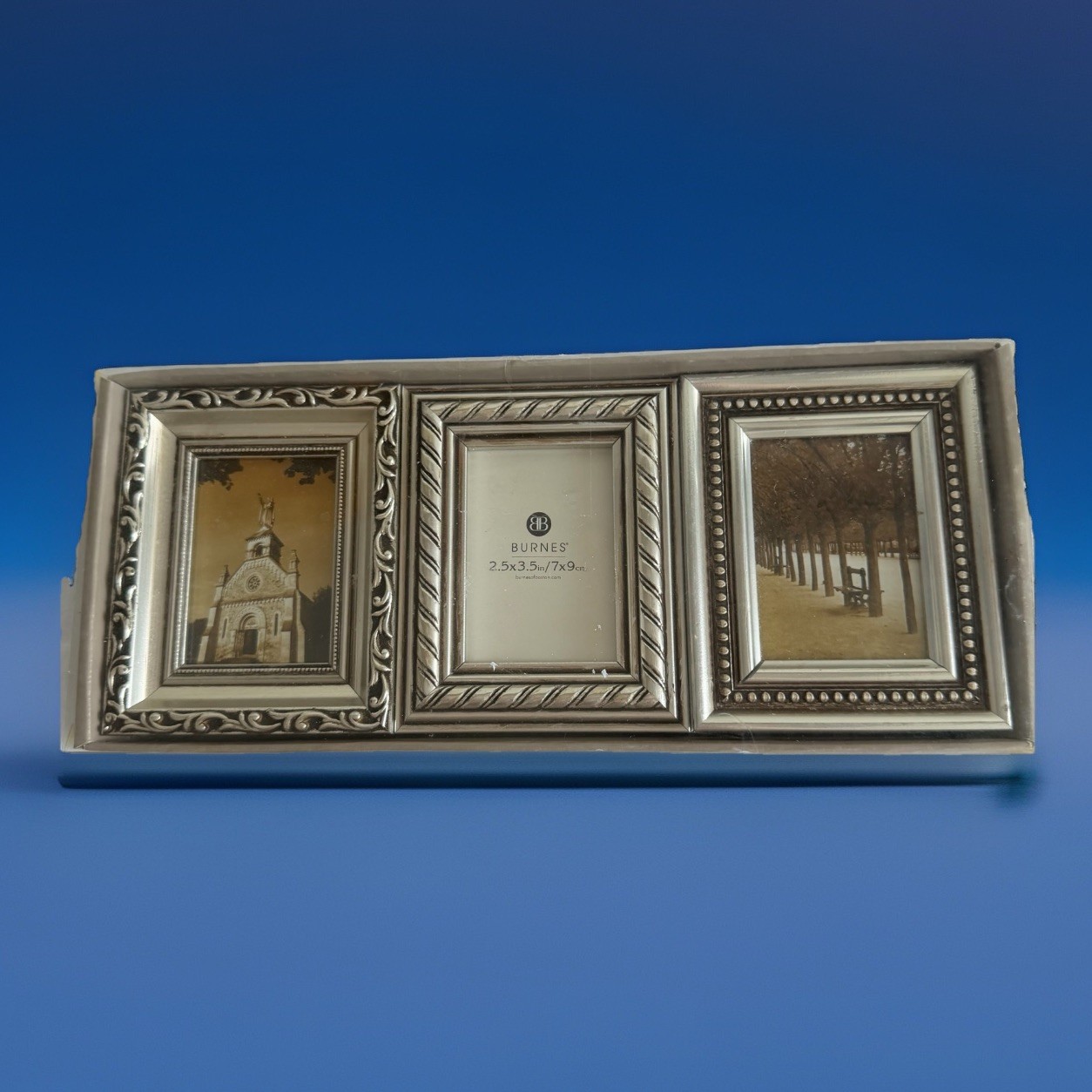 Burnes of Boston Photo Frame Set of 3 New in Box 2.5” x 3.5” Silver Tone Wood