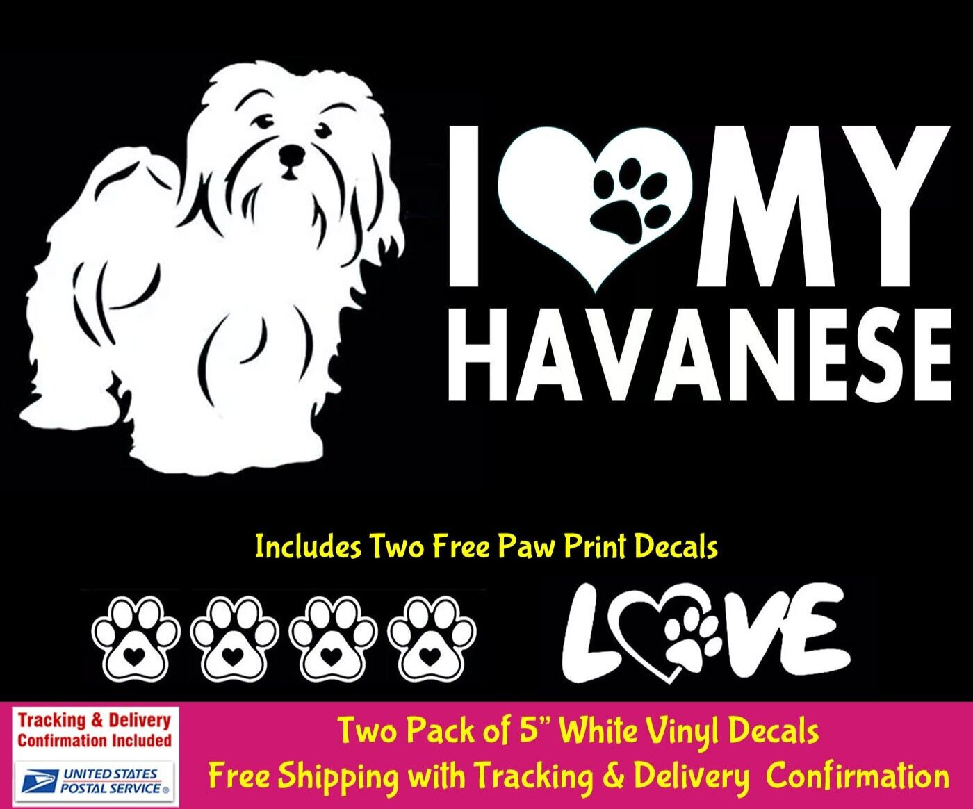 Havanese Love Two PK 5&Prime; White Vinyl Decals Car Windows Laptop Tablet Tumbler