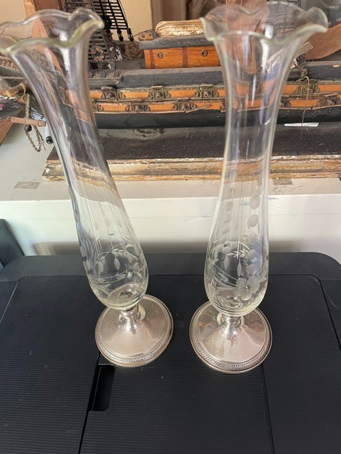 Two flower Vases mounted in Sterling Silver 11” tall