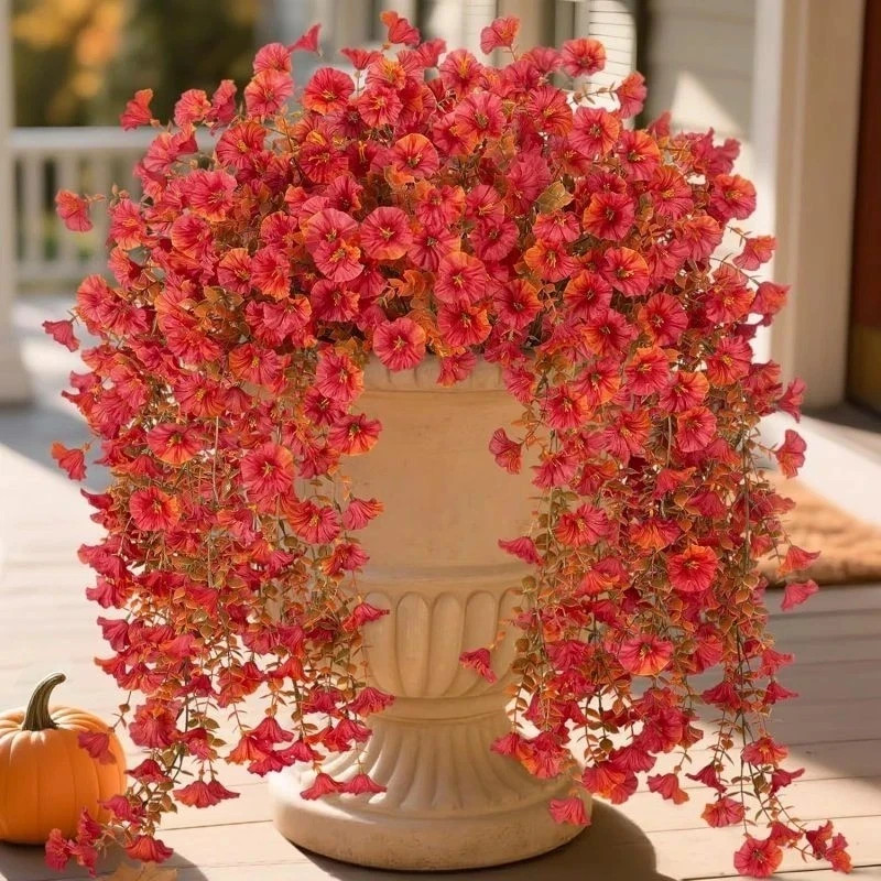UV Resistant Faux Silk Morning Glory Hanging Flowers Red Outdoor Garden Decor