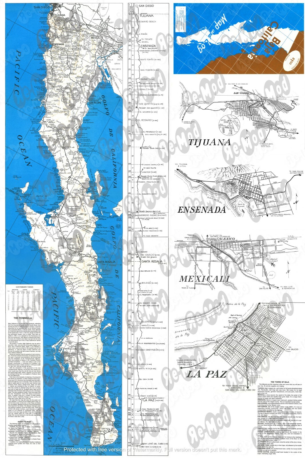 Baja California Mexico Travel Map Poster Historic Vintage 1970s Peninsula Road