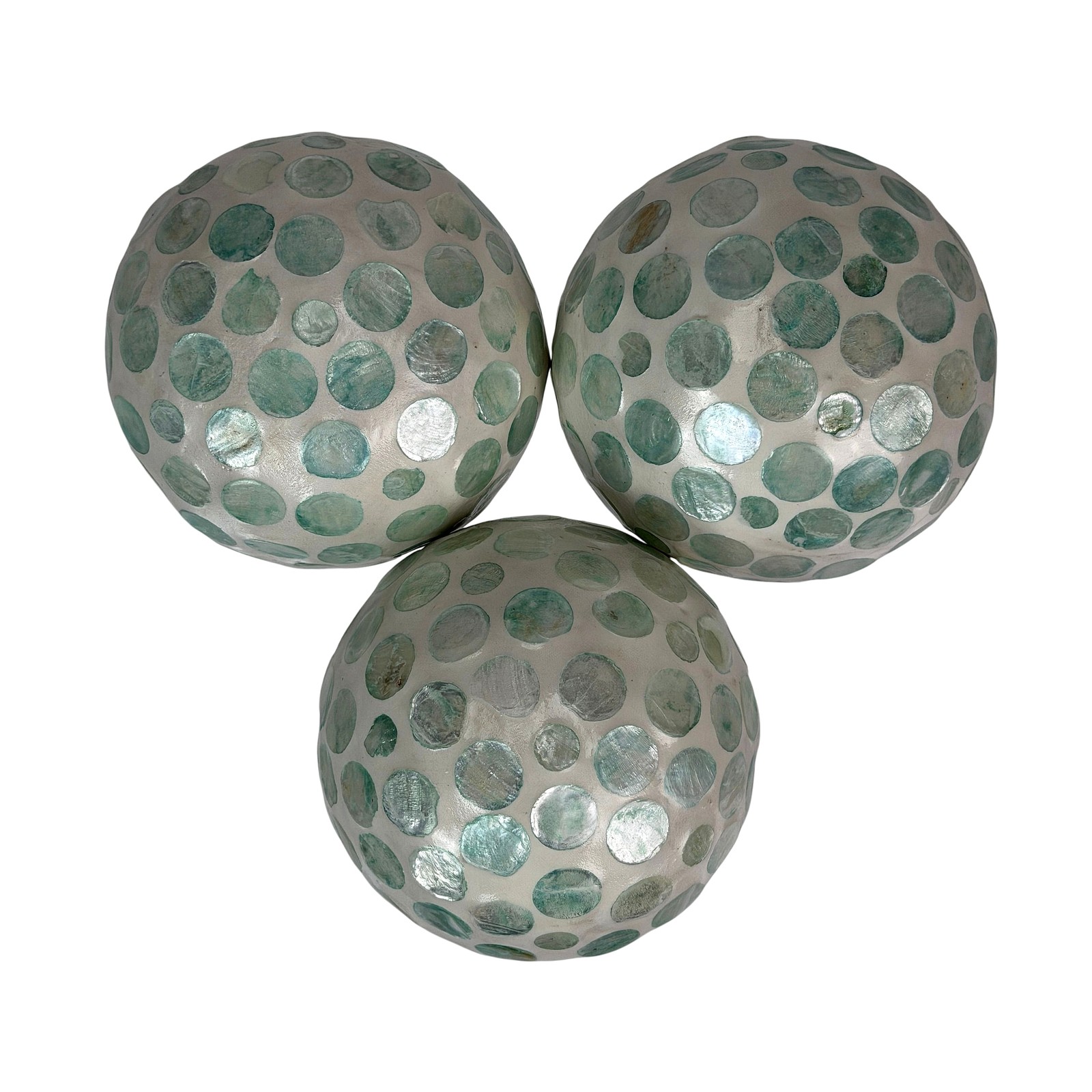 Decorative Balls Set of 3 Aqua Capiz Shell 4 Inch Coastal Orbs Bowl Fillers