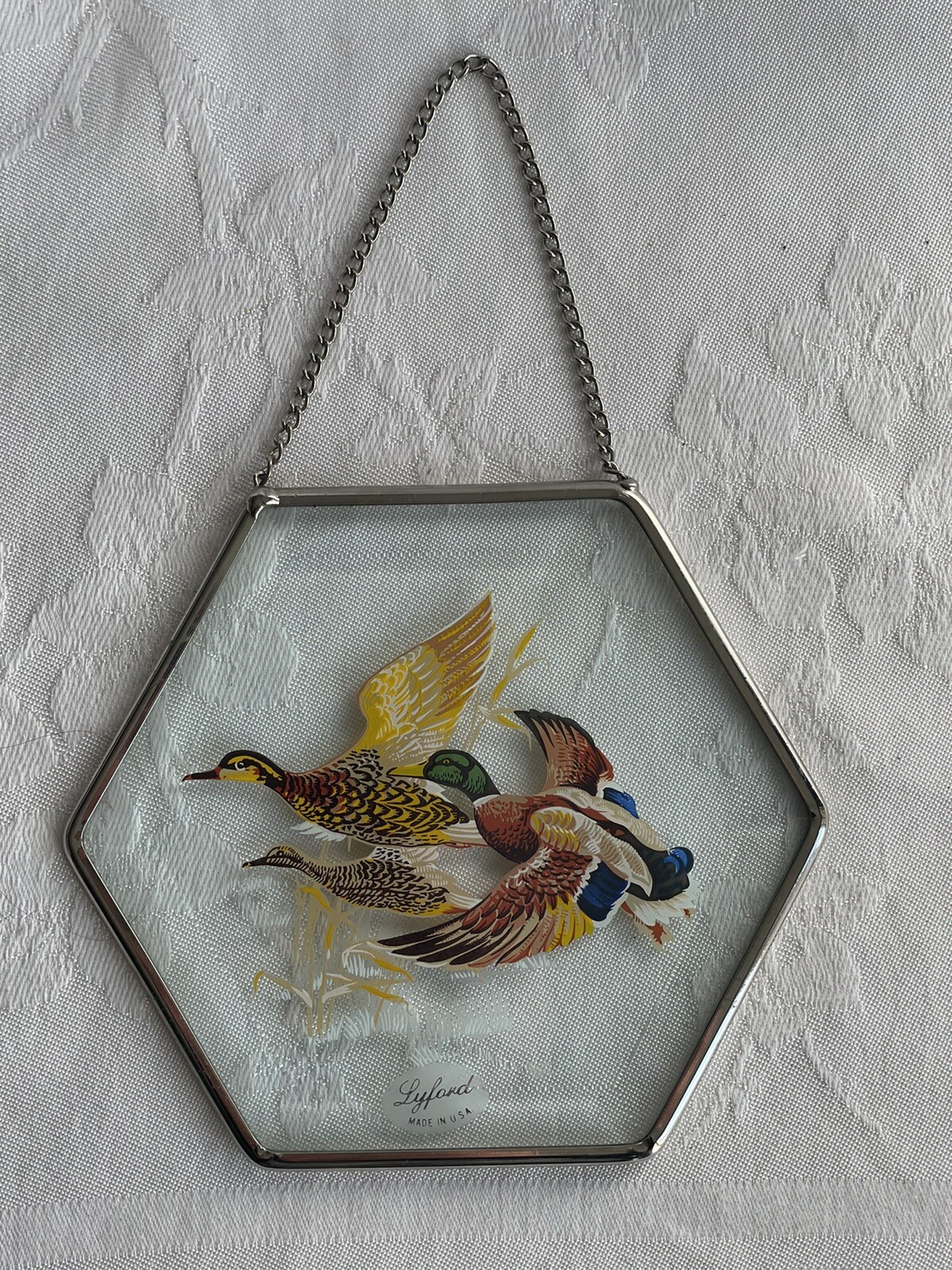 Vintage Lyford Mallard Ducks Glass Suncatcher Beveled Hexagonal USA Ornament NOS