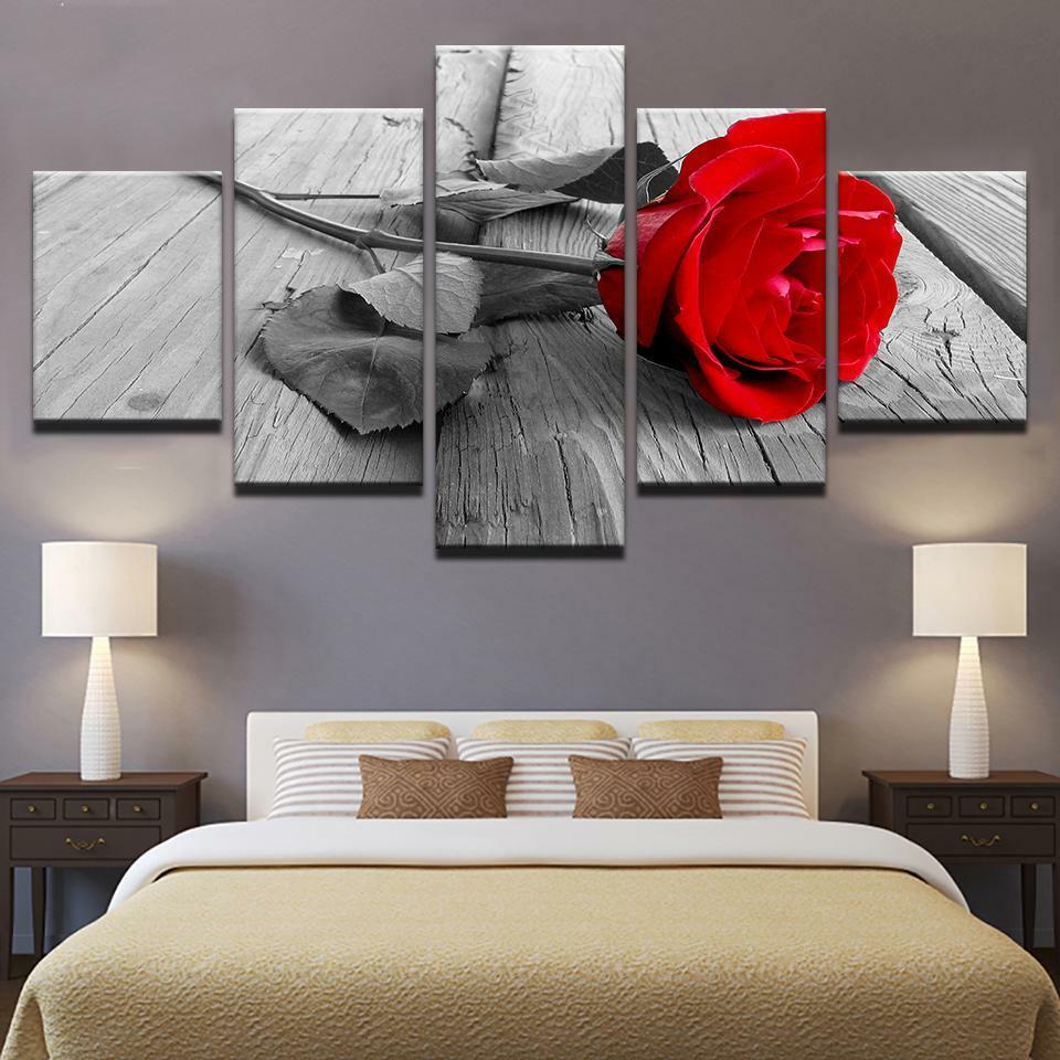 Red Rose Black & White Framed 5 Piece Flower Canvas Wall Art Image Picture Wallp