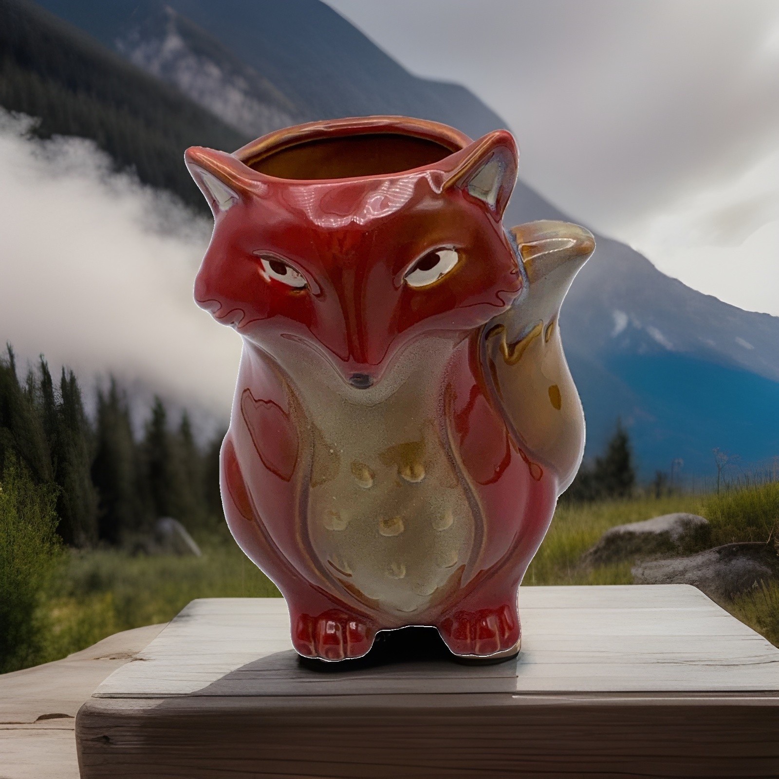 Burton + Burton Red Brown Fox Ceramic Pottery Vase 7.5&Prime;