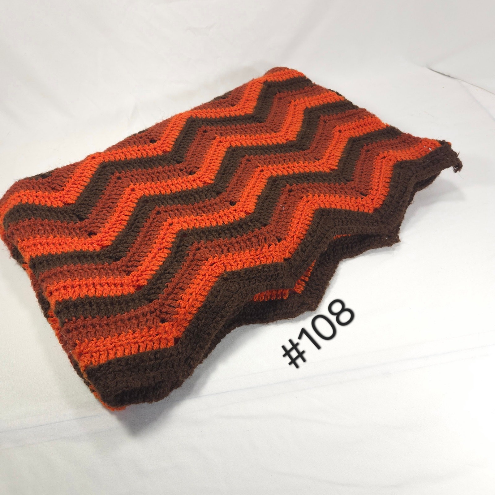 Vintage Handmade Afghan Blanket Zigzag Crochet Knit 36×56 Orange Brown Maroon