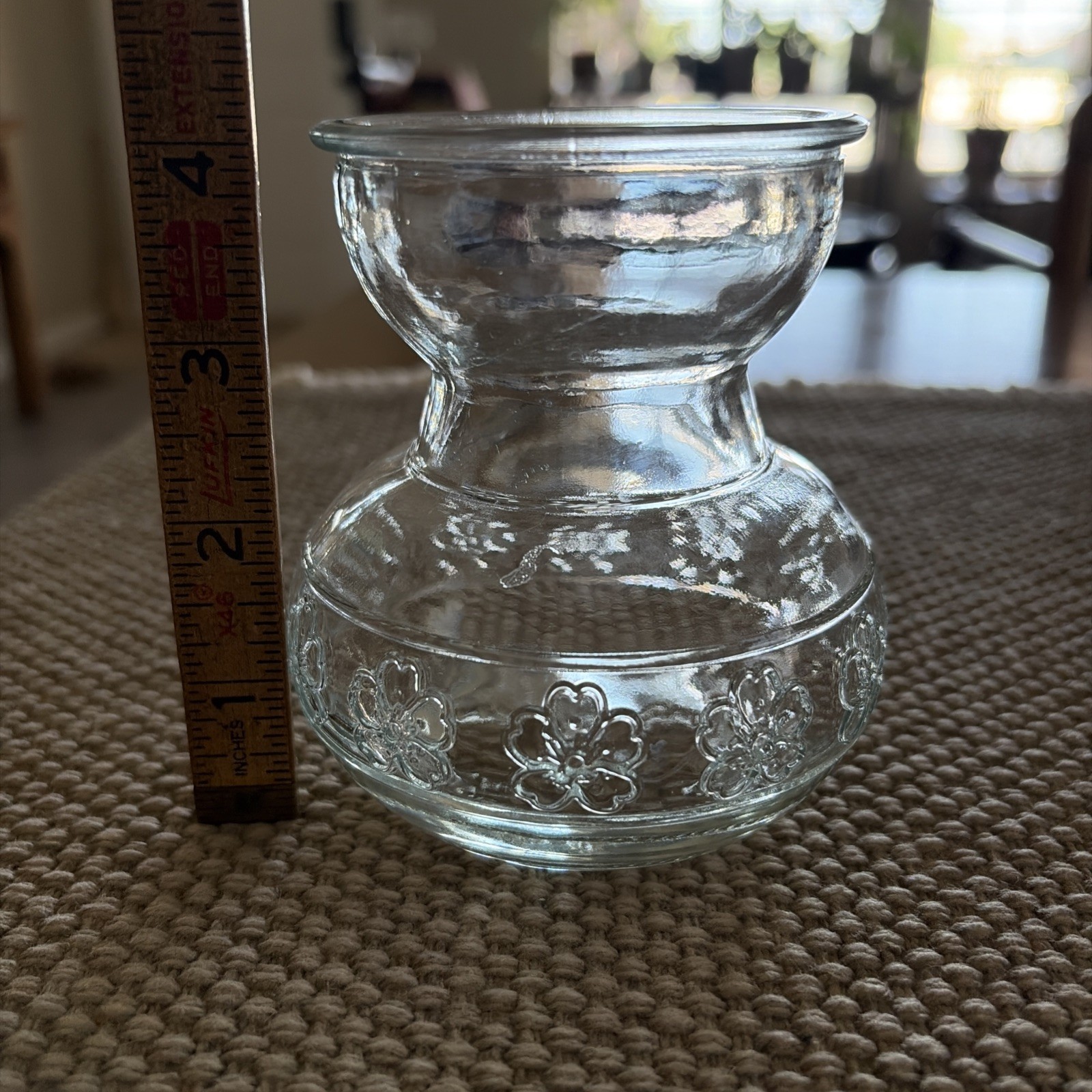 Clear Glass 4” Embossed Flowers Bulb Forcing Vase Paperwhites Hyacinths Tulips