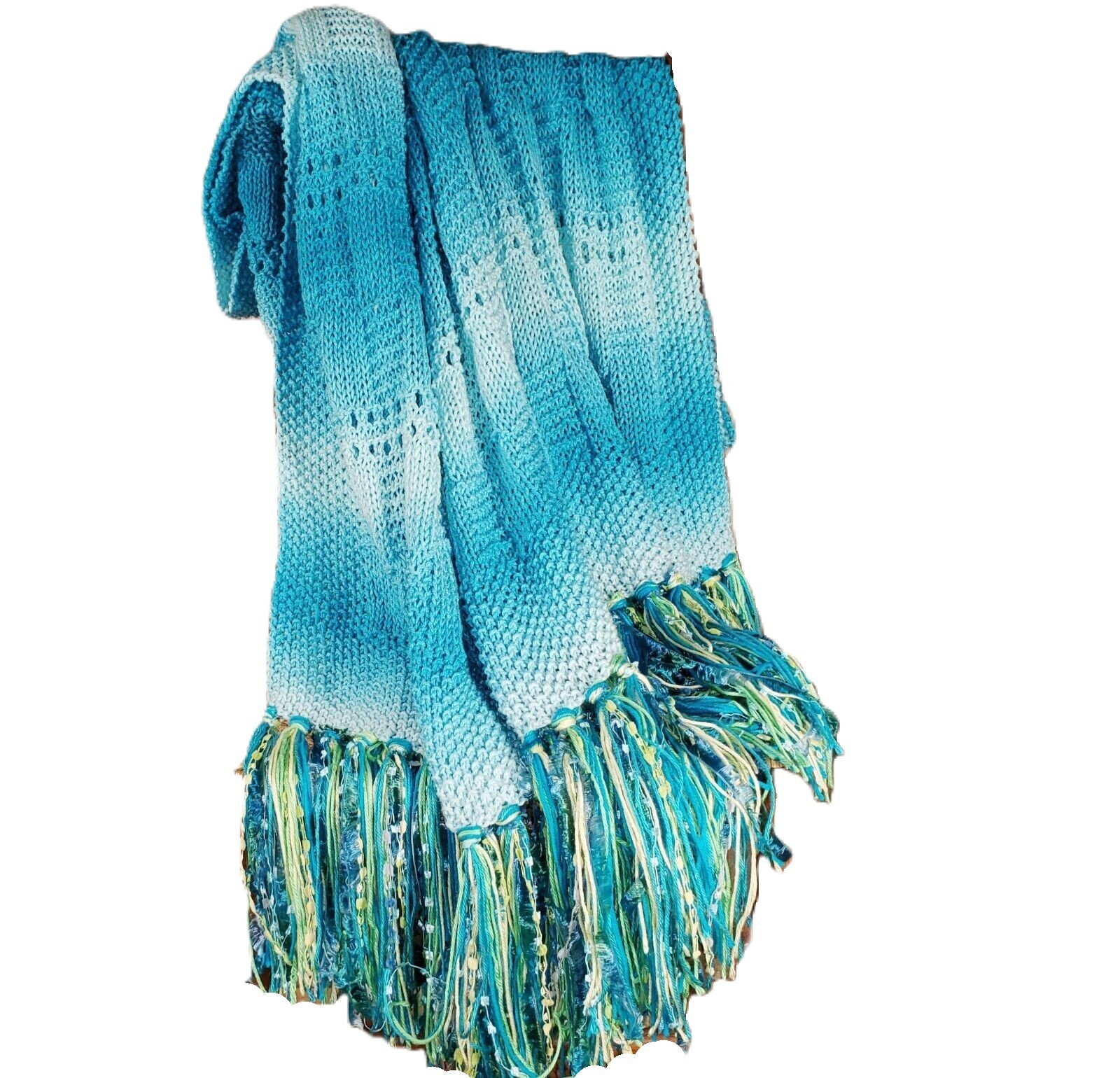NEW Turquoise Blue Ombre Handmade Knitted Afghan Throw Knit Gift Decor Whimsy