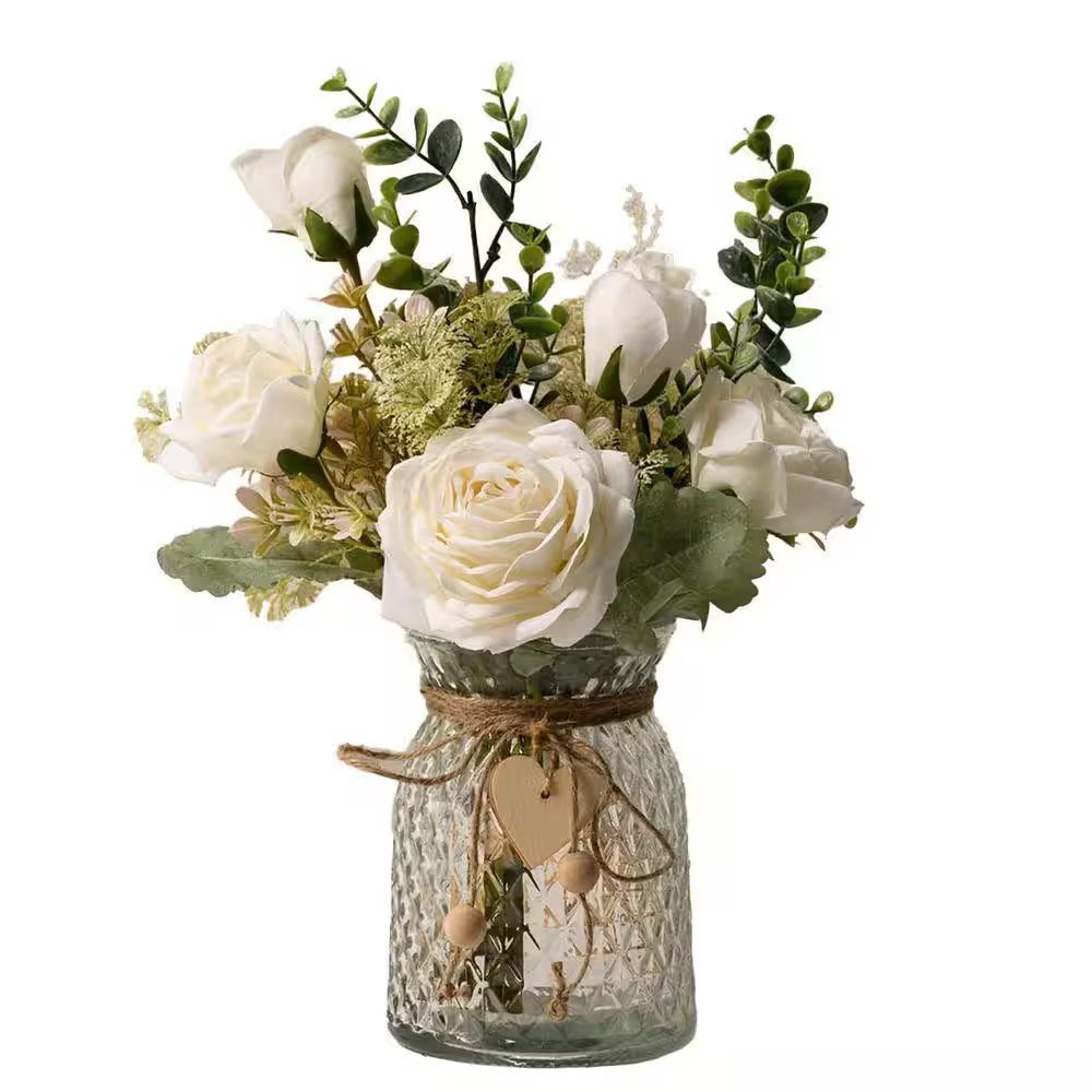 Silk Roses 12.5 In. White Artificial Flower Arrangement with Vase for Home Offic