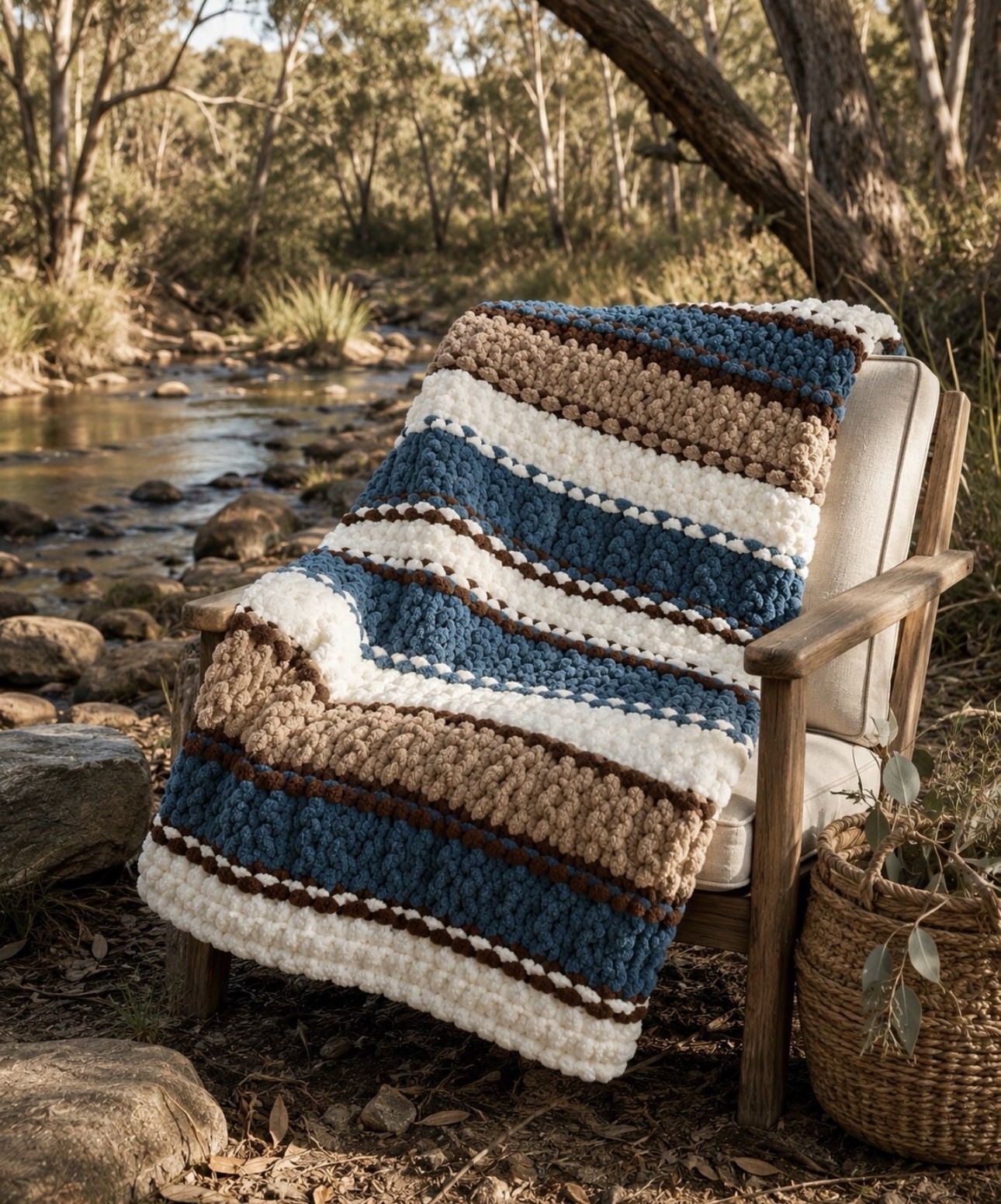 Handmade Chunky Knit Cozy Blanket 42×57 Blue Brown Tan White FREE SHIPPING!