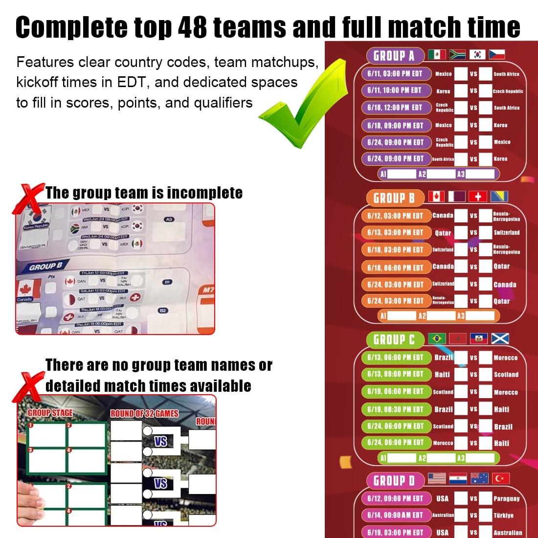 2026 World Soccer Cup Extra Large Schedule Poster 43in x 32in, 48 teams Socce