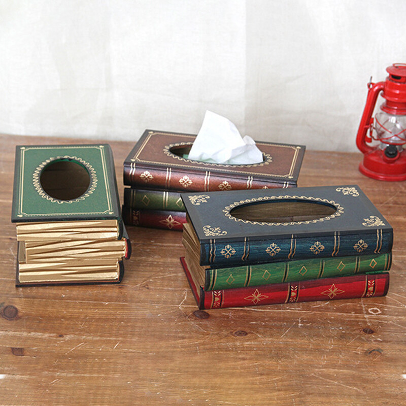 Wood Book Shape Tissue Box Retro Rectangle Napkin Paper Holder Storage Case.