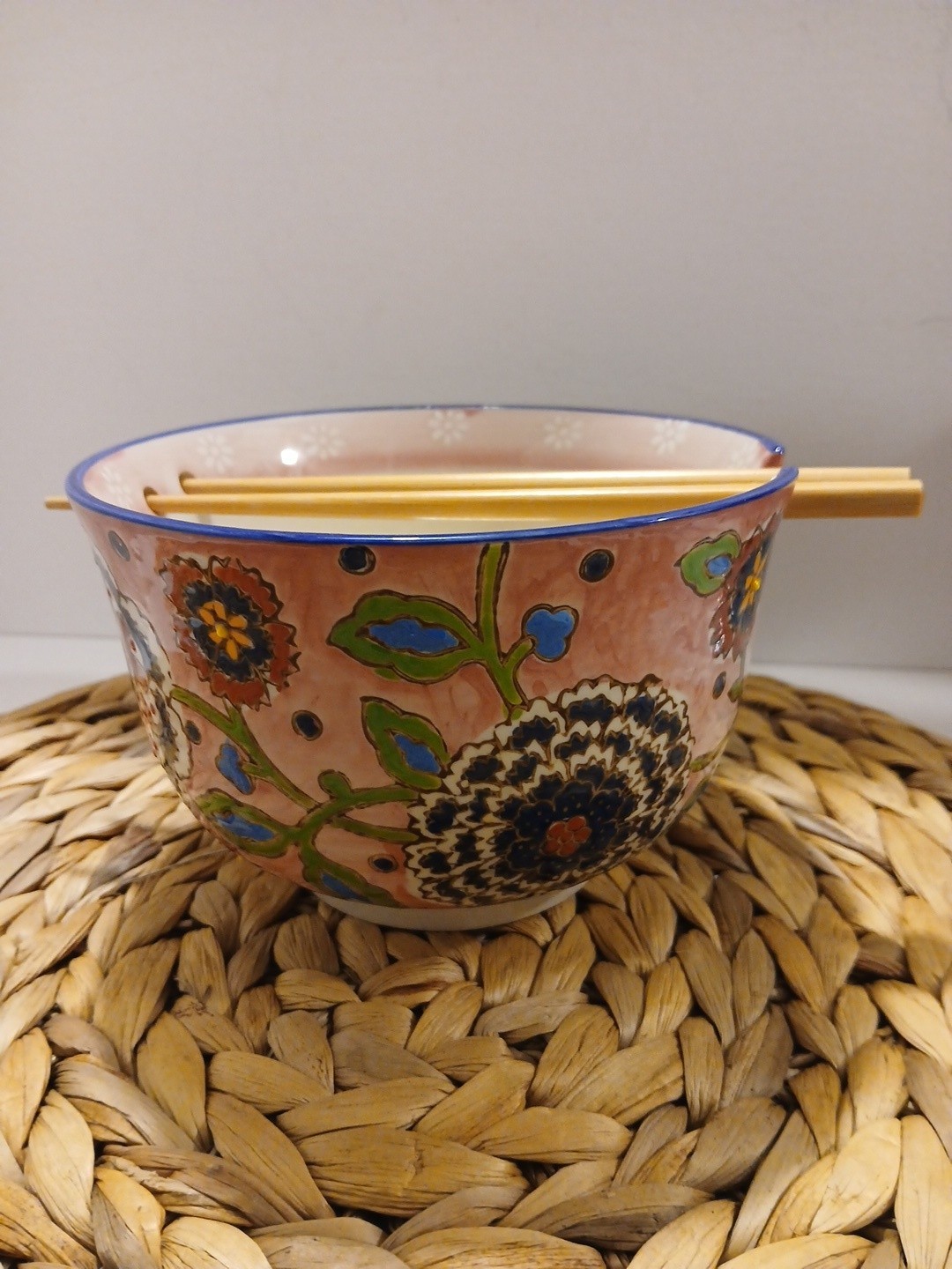 Mosaic Style Colorful Blossoms Noodles Soup Rice Bowl With Chopsticks Set