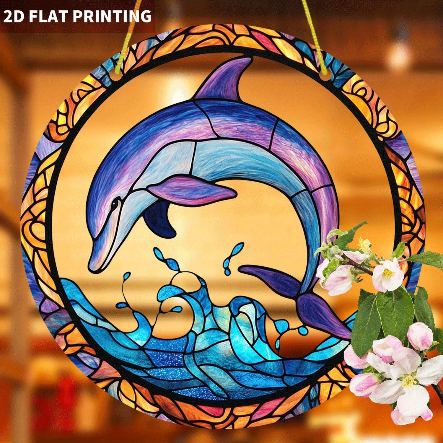 Leaping Dolphin Ocean Wave Round Acrylic Suncatcher Coastal Window Hanging Decor