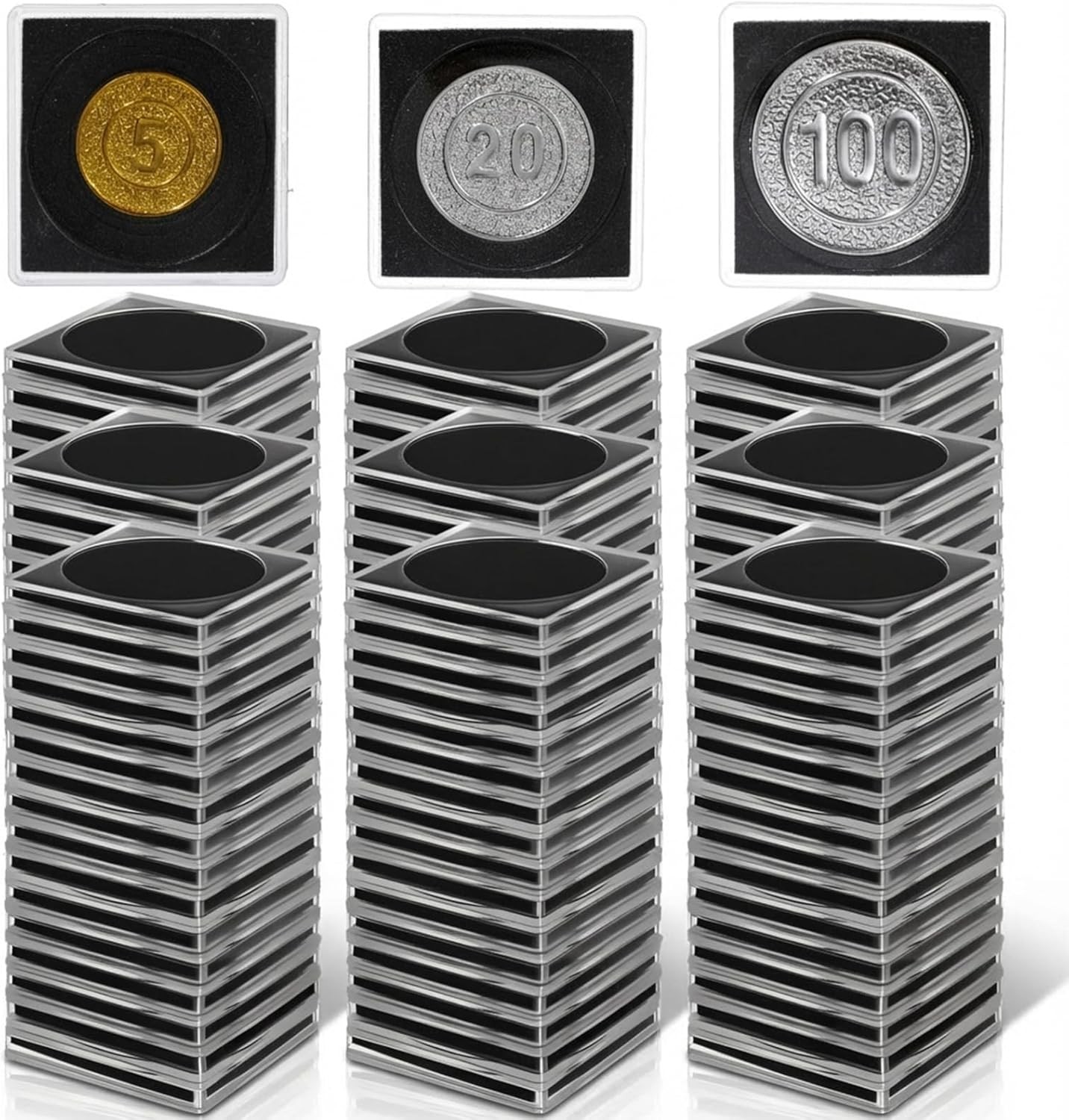 10-300x Square Silver Dollar Coin Capsules Holder with 8 Size Adjustable Gasket