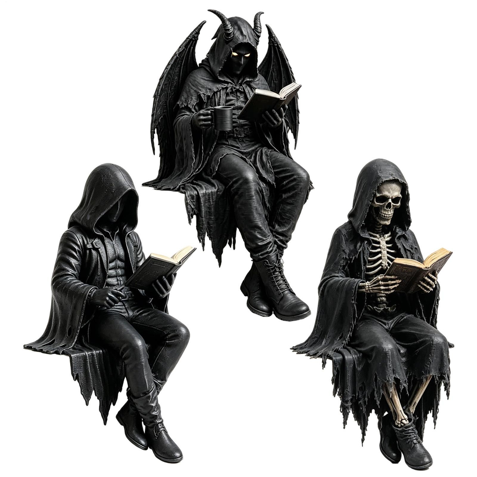 Gothic Dark Fantasy Figure, Reading Death Gothic Skeleton Demon Hooded Figurine