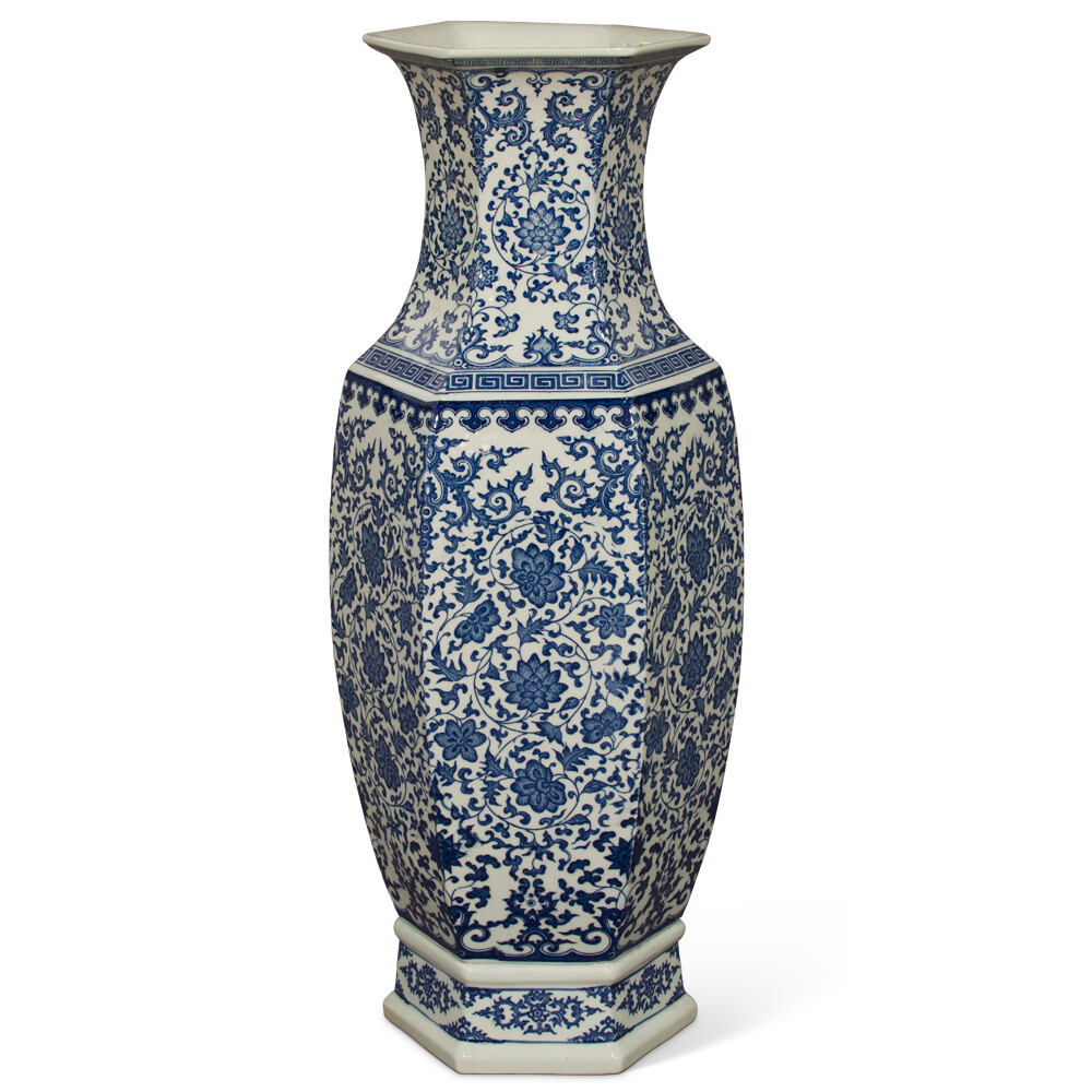 US Seller Floral Blue and White Geometric Qing Dynasty Vase