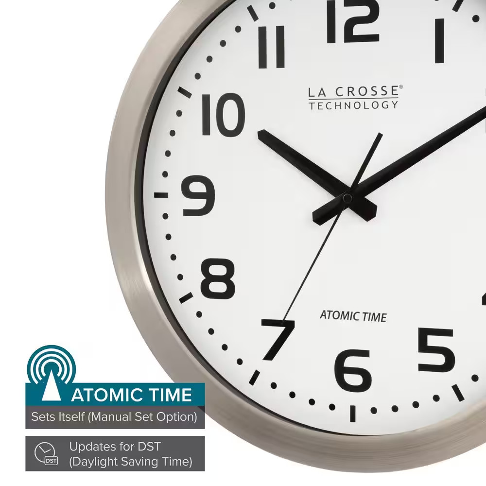 16 In. White Dial Brushed Silver Atomic Analog Wall Clock