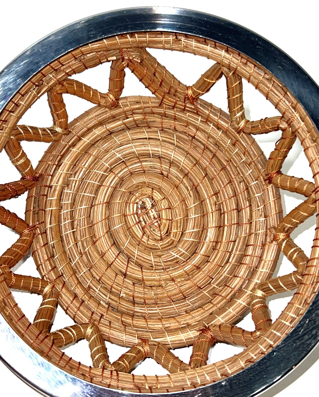 Un Pueblo Pine Needle Woven Bread Round Basket Nickel Metal Rim Mexican Artisan