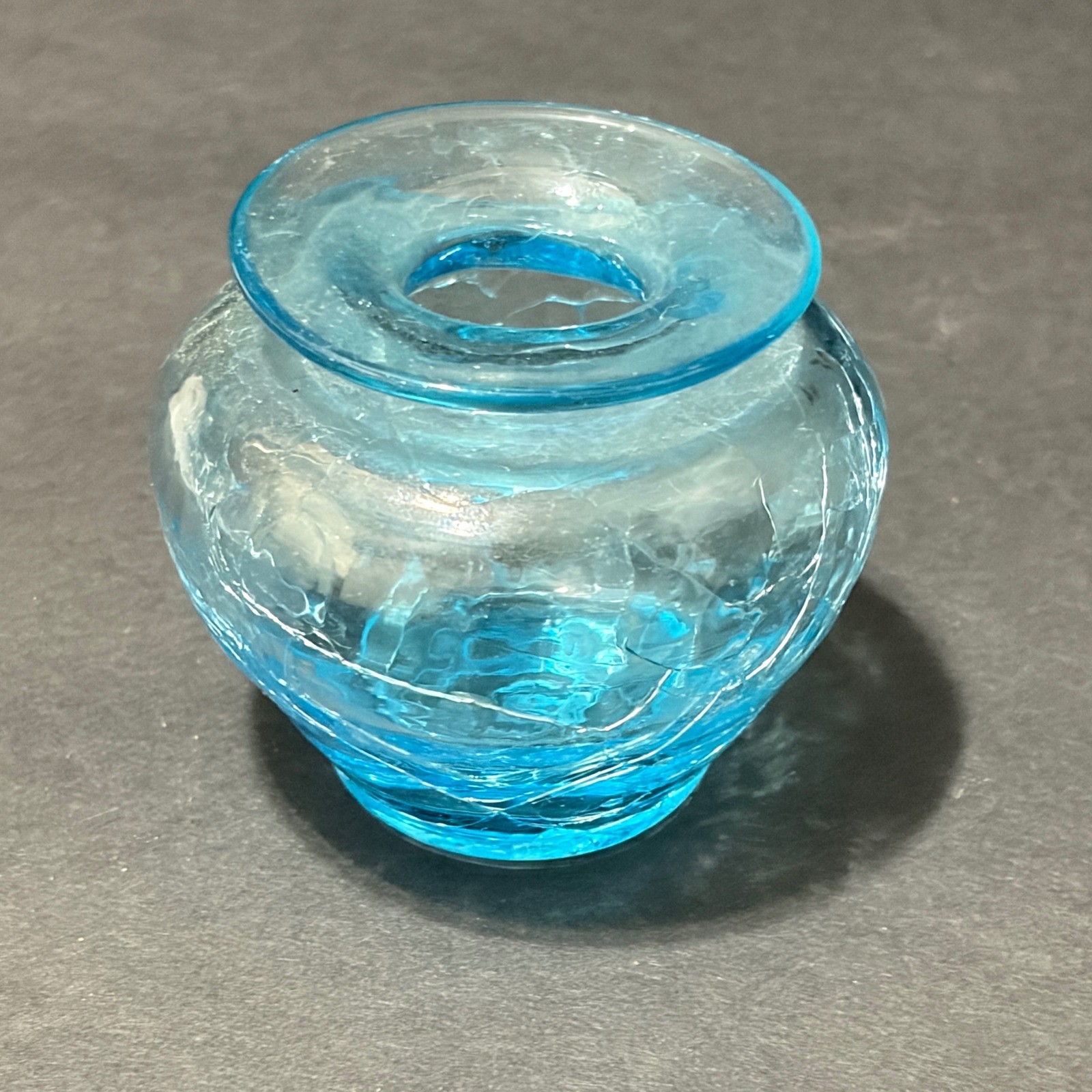 Miniature Turquoise Blue Crackle Glass Bud Vase Hand Blown Art Glass 2 Inch