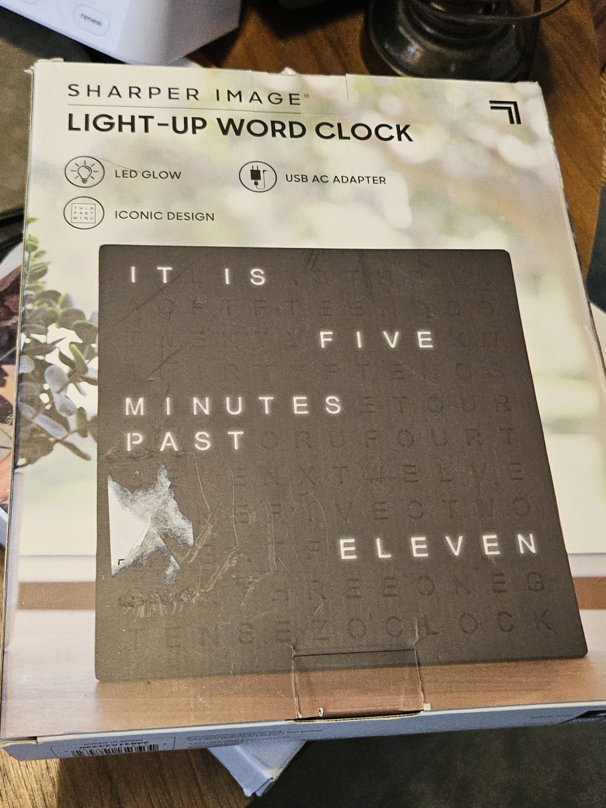 New In Box Sharper Image® LED Light-up Word Clock, 7.75&Prime;, Electronic Desk Clock