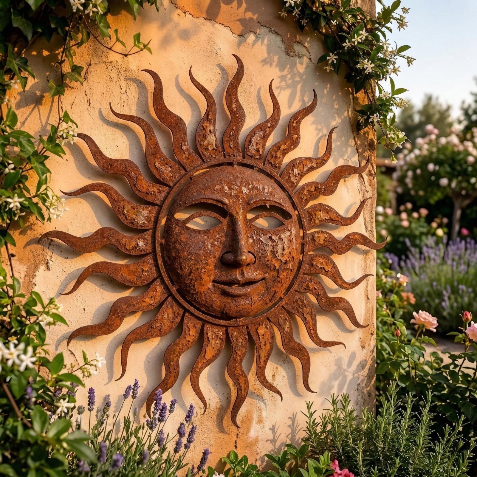 Rusted Sun Face Metal Wall Art, Patina Sunburst Wall Hanging